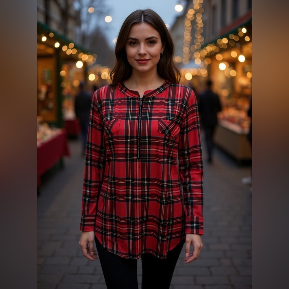 Red Plaid Long-Sleeve Blouse - Classic Casual